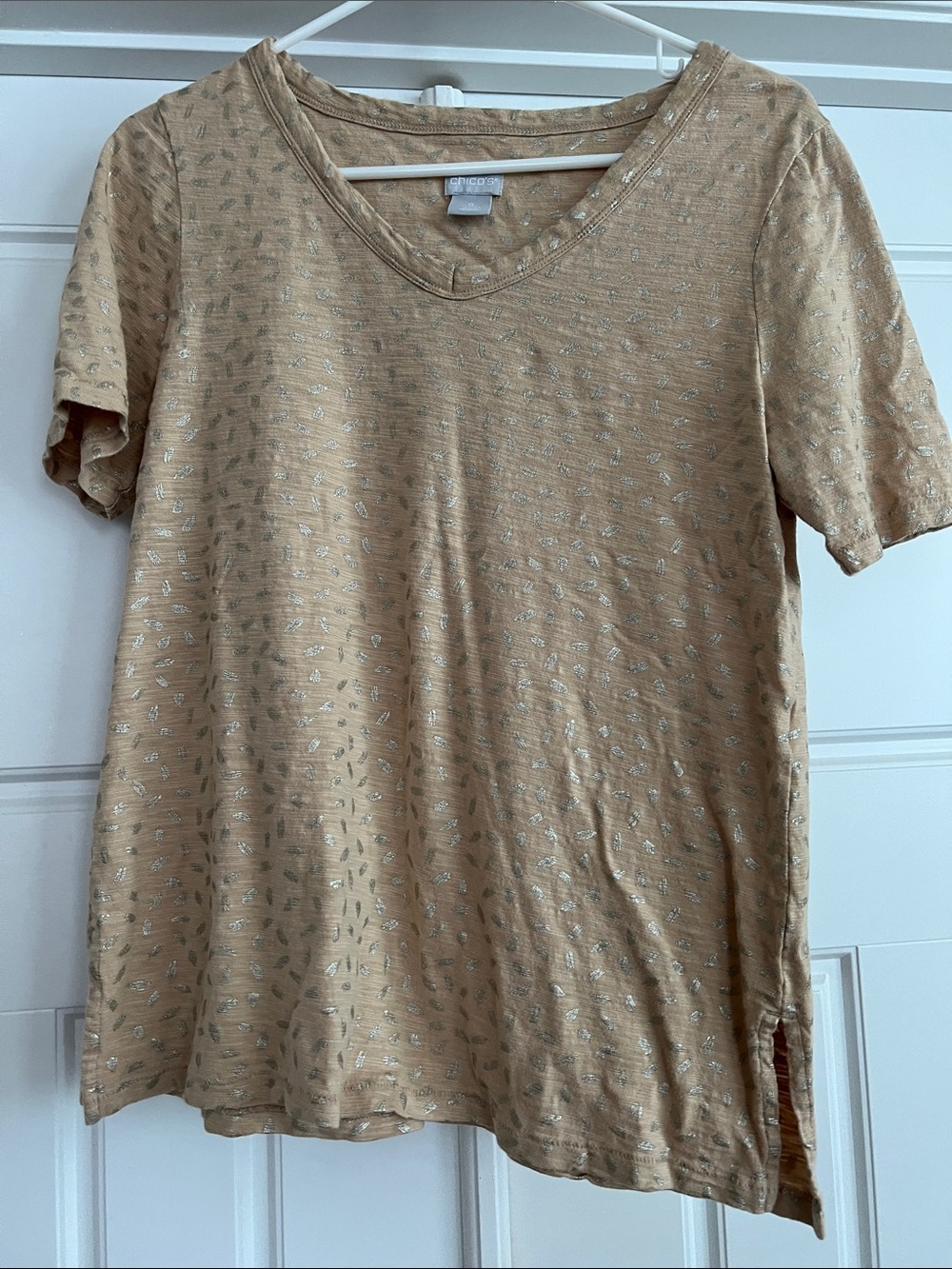 Chico's Metallic-Print V-Neck Short Sleeve Top - Tan